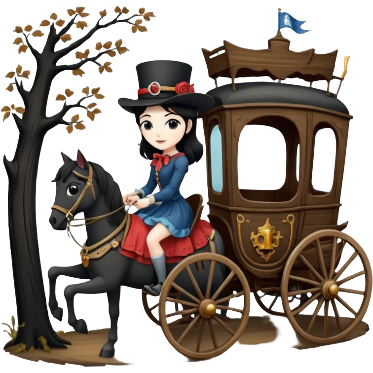  Rustic all black antique wood  1854 pretty dark-haired Catgirl driving a huge horse-drawn fancy French stagecoach Caravan on a bumpy scary ghost trail in the woods  emoji