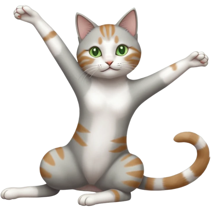 grey and white cat with green eyes doing a big extremely long stretch reaching up into the air with arms and legs side by side together straight and overextended emoji