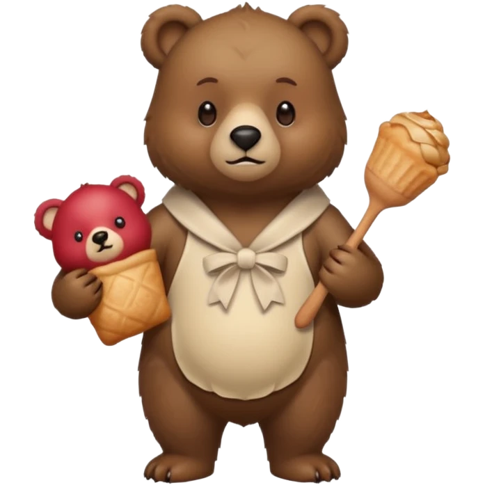 esta imagen pero que el oso este de pie y tenga una manga pastelera en la mano izquierda haz un oso emoji