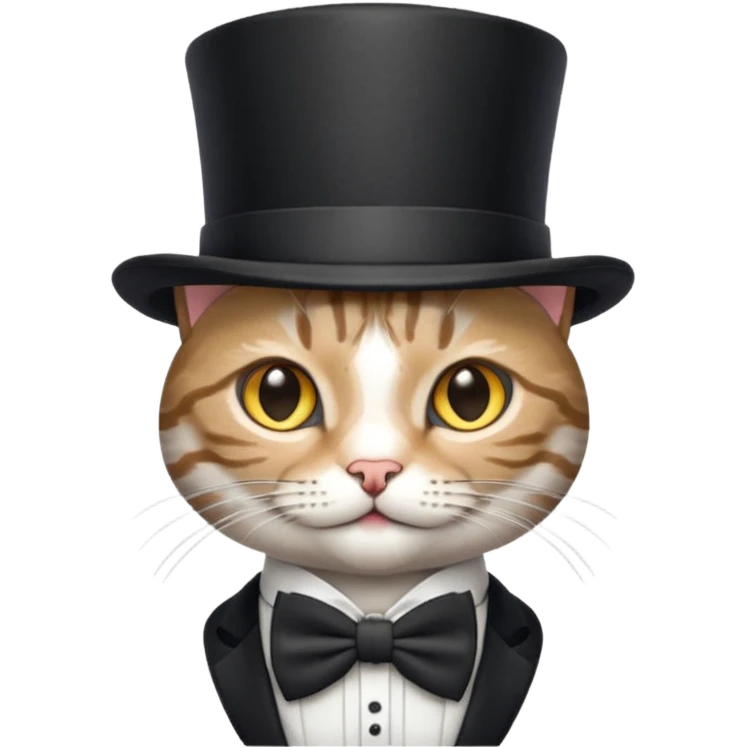 Grey tabby cat in top hat and bow tie emoji
