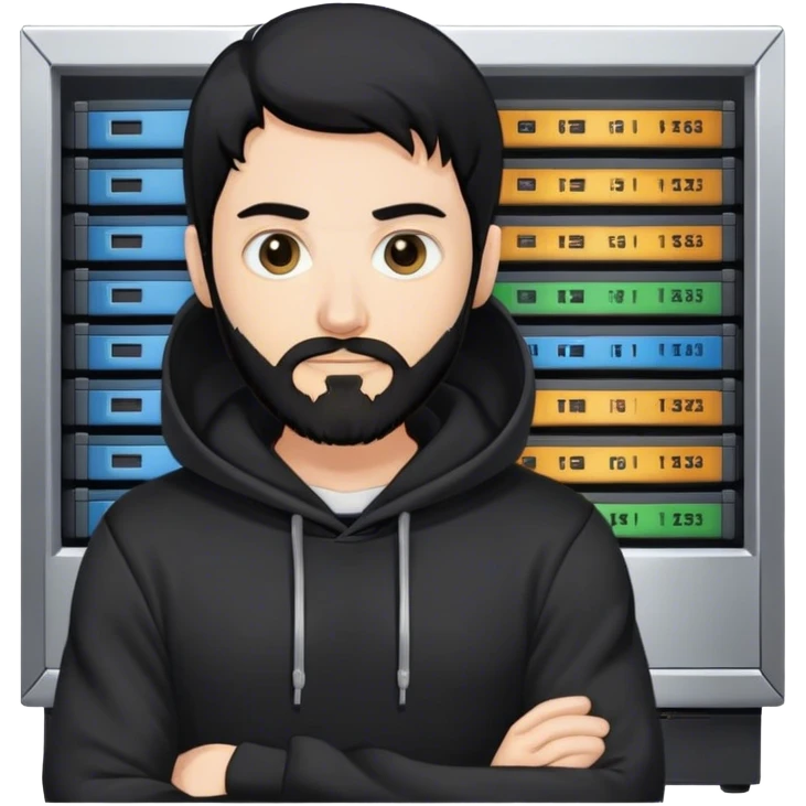 hackeur blanc cheveux noir barbe et capuche noir à côté d'un server emoji
