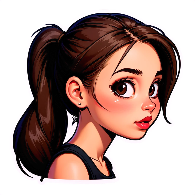 A girl sideways head big lips pony tail big mole on cheek eyes emoji