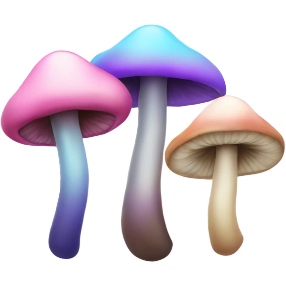 Three mushrooms, one pink, one light blue, and one purple emoji