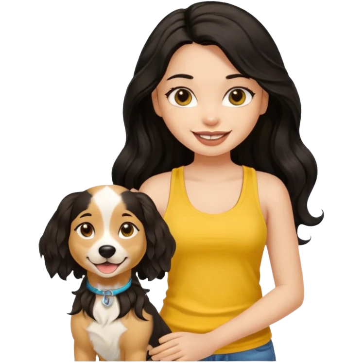 brown pretty bratz girl with long wavy black hair, wearing a yellow tank top with a dog emoji