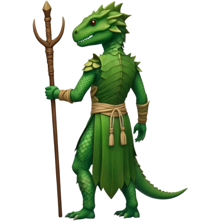 full body reptilian humanoid in ancient outfit, back view, with a staff emoji