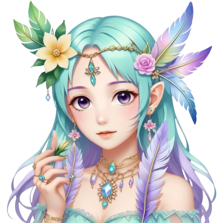 Beautiful gorgeous anime lady with beautiful iridescent-special-hair, fashion aesthetic, ethereal, fairycore, pastelcore, feather-ear-cuffs, flower, crystals, accessories, jewelries, gold, colorful emoji