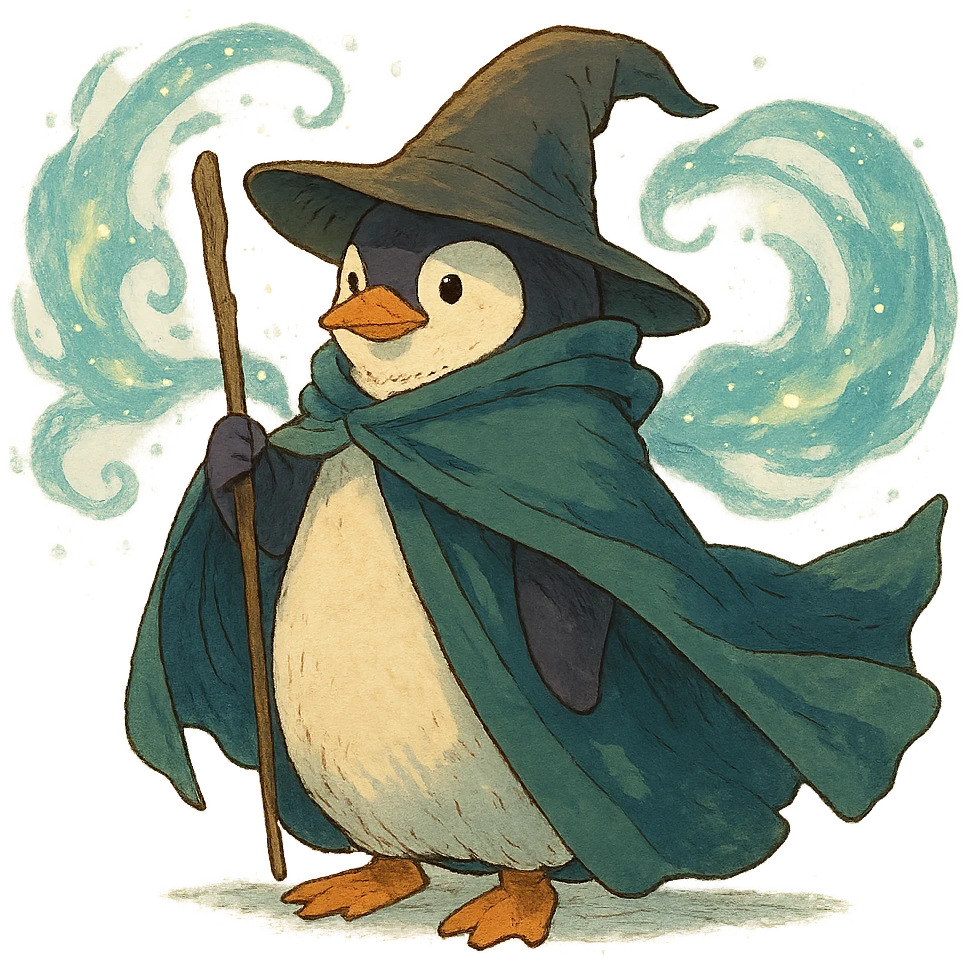 penguin wizard with a flowing cloak and magical aura emoji