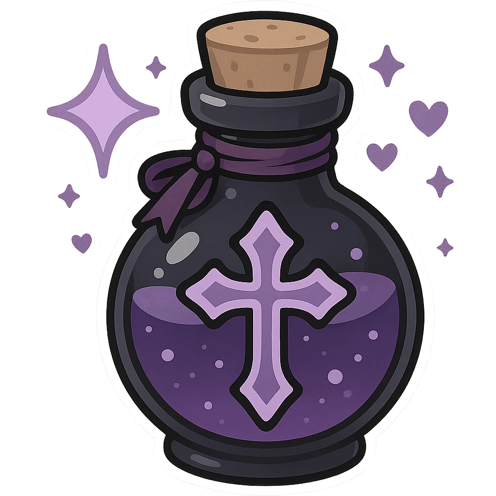 gothic black and purple potion bottle, magical and cute, chibi style sticker emoji