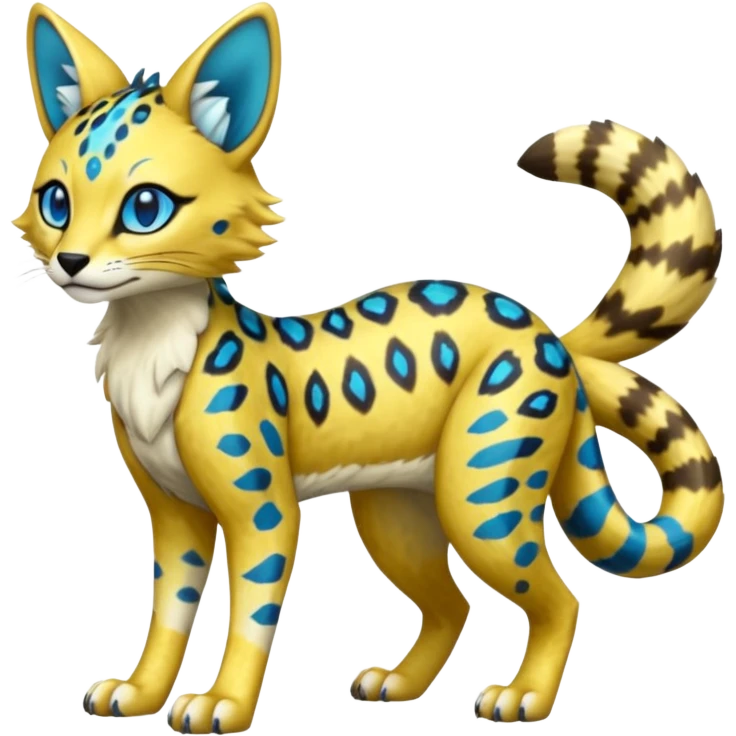 Colorful Golden Gold Shiny Lombax-Sergal-Vernid-Serval-Civet-Genet-Pokémon-Digimon-Fakémon-fusion-hybrid-creature with Cyan stripes and blue leopard-spot-markings  emoji