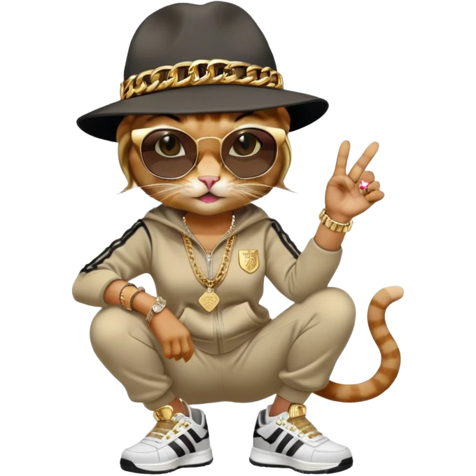 female cat walking upright, Run DMC hip-hop outfit, tracksuit, fedora, Adidas sneakers, dark sunglasses, many gold chains, bling accessories rings bracelets earrings emoji