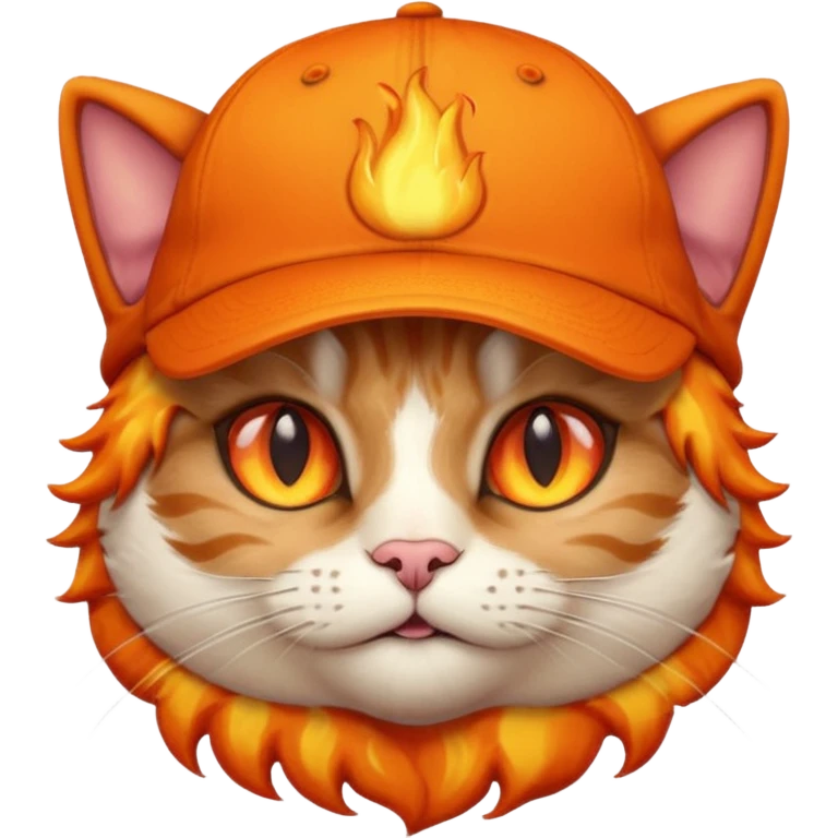 Cat with the flames in his eyes with a orange baseball hat on his head emoji