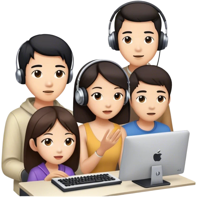 asian people in a music studio. one is looking at the computer and two more watching emoji