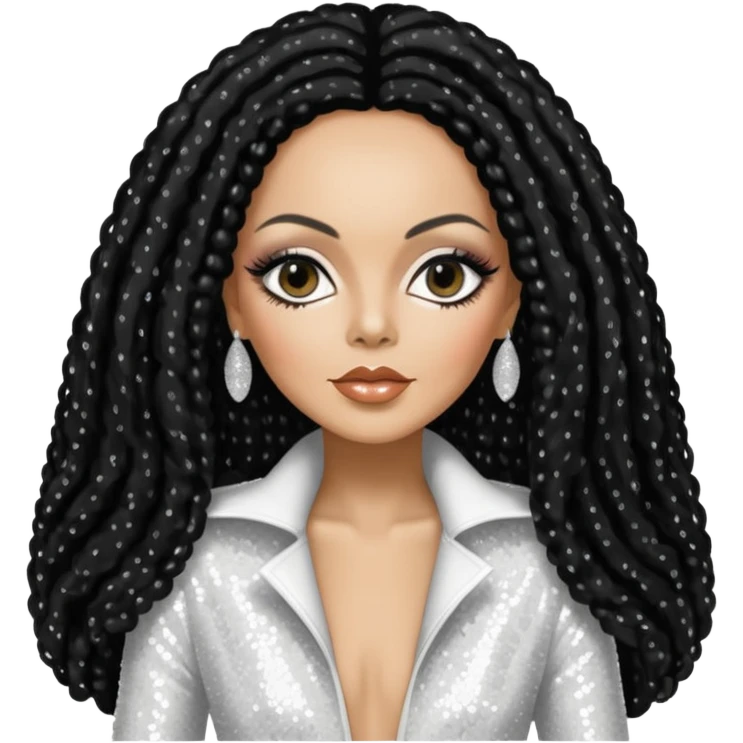 Diana Ross with long jet black hair, white sequin outfit emoji