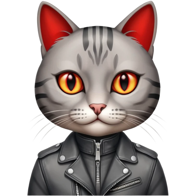 Semi Realistic Gray Striped Cat with Red Eyes in Stylish Leather Jacket emoji