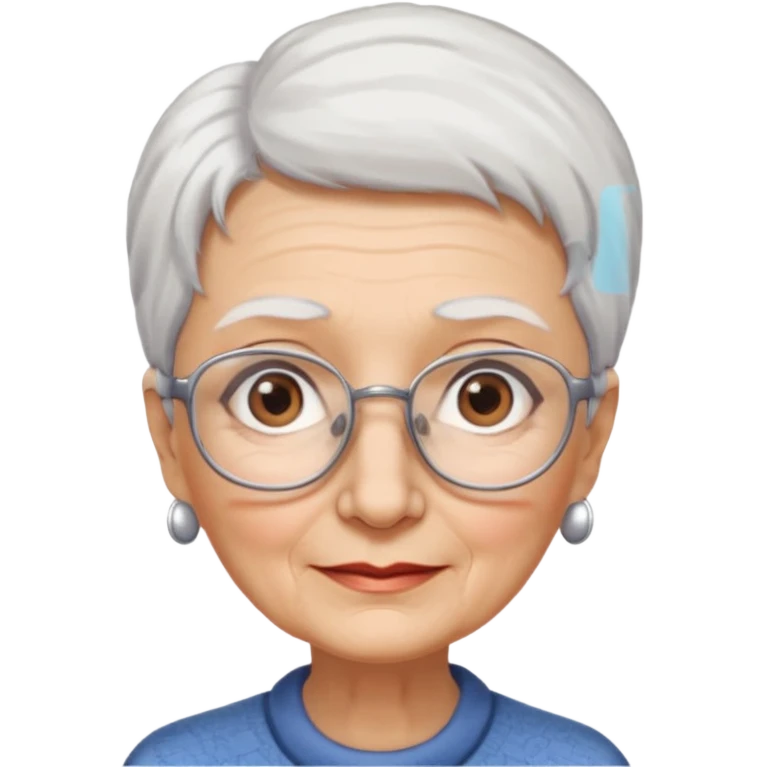 Create me emoji of an old lady. Short white hair to left side. Square glasses. Brown eyes. Rounded really big and long face. Wide nose emoji