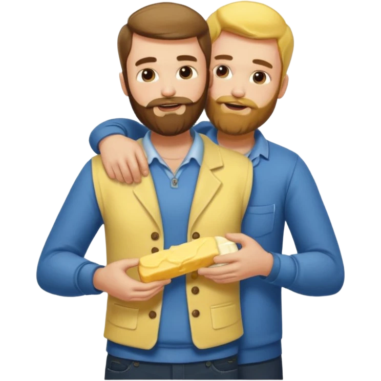 I man with beard puts butter on another man‘S back They are wearing clothes emoji