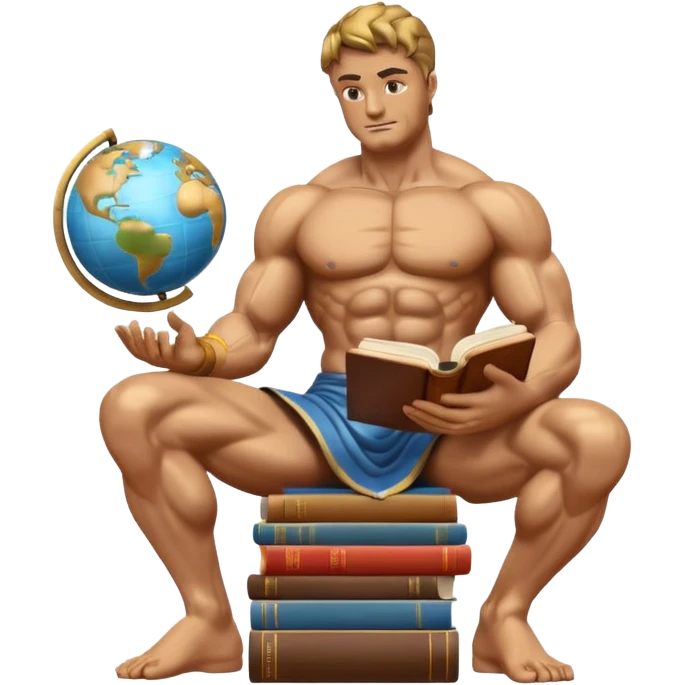 muscular statue with a stoic expression, seated on books, reading, globe included, emoji style emoji