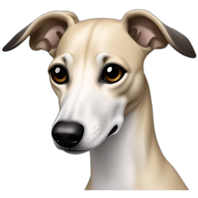 a beige whippet with a dark snout, black and white mouth patchy and black angel wing like eyes – walking emoji