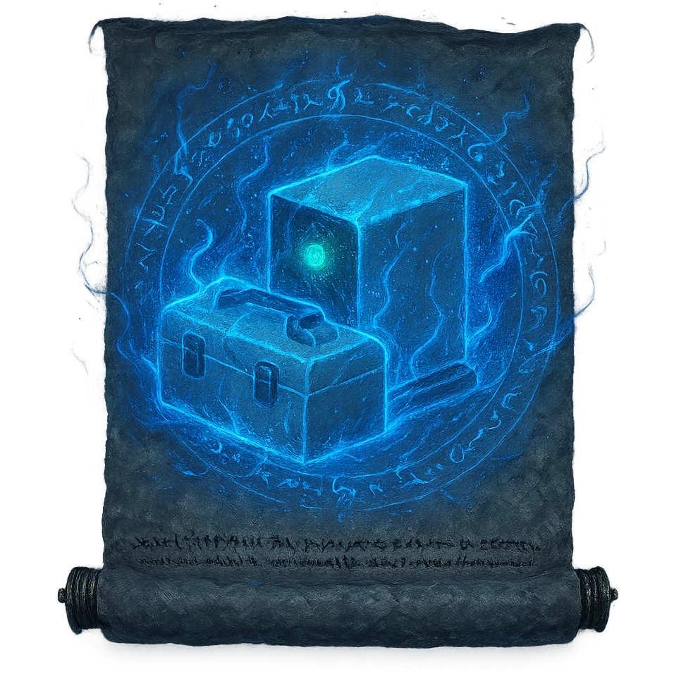 Place the Device Manager symbol on a glintstone sorcery scroll inspired by Elden Ring glintstone sorcery icons. Integrate the device and toolbox onto the scroll with mystical blue magical energy, arcane runes, and ethereal effects, as if it were a spell illustration. Maintain a transparent background, 1080 x 1080 resolution. emoji