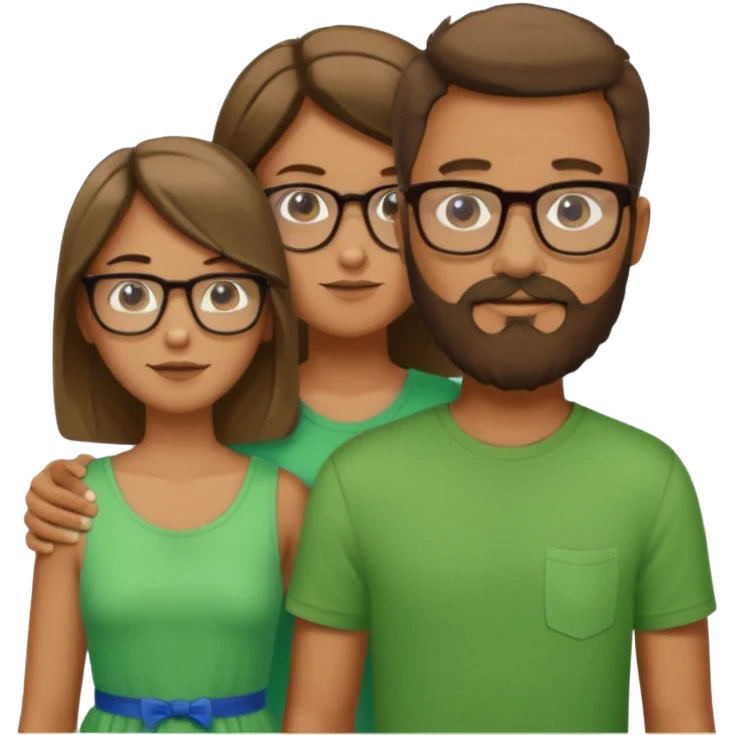 A family consisting of a man who's bearded, tanned, wearing glasses, a woman, slightly tanned, and a 14 year old teenage boy, slightly tanned, wearing a green t-shirt emoji