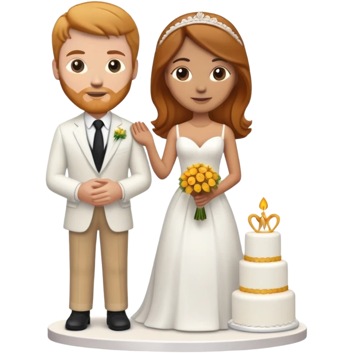 wedding cake toppers with white man with brown hair and white woman with light ginger hair emoji
