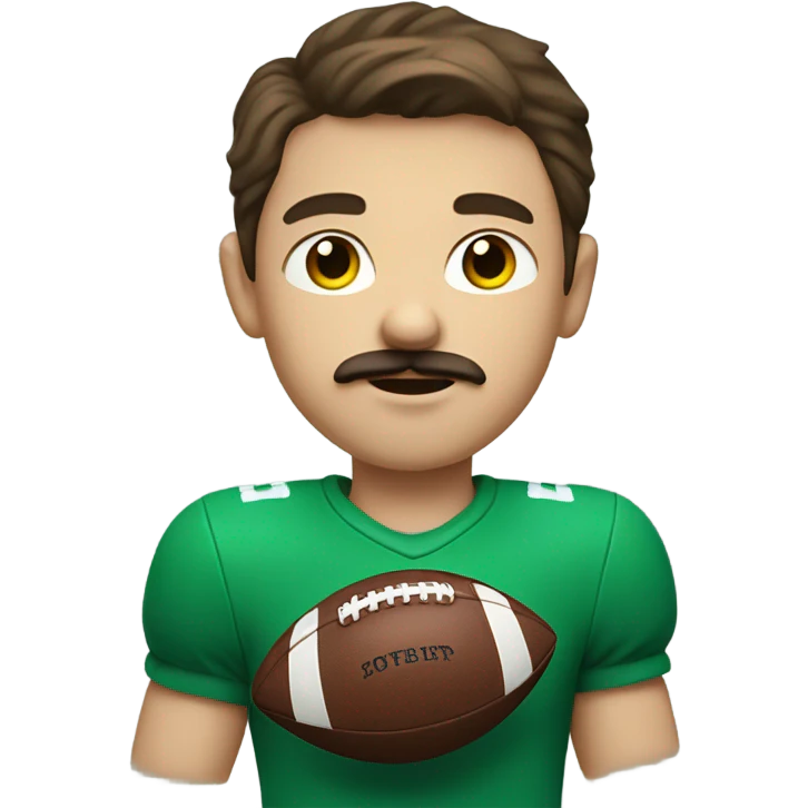 boy with brown hair and blue eyes with a moustache. wearing a green shirt. holding an american football  emoji
