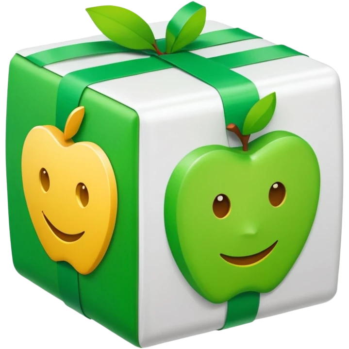 large cube-shaped box completely wrapped in bright green tape, with two white labels on top and front, apple style emoji emoji