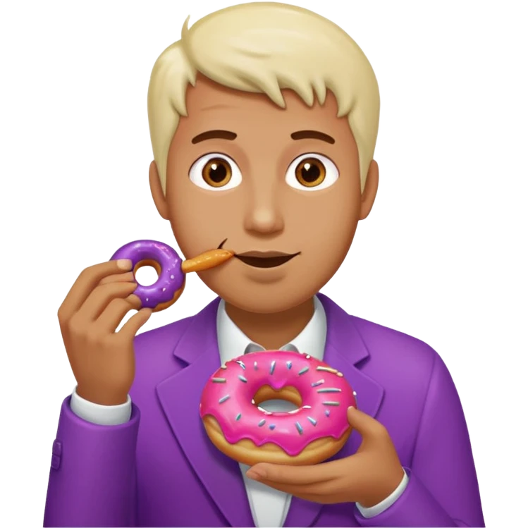 A man eating a pink donut and an eggplant covered in white sauce emoji