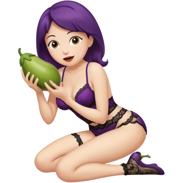 lady in lace lingerie on knees and holding eggplant in her mouth from the side emoji