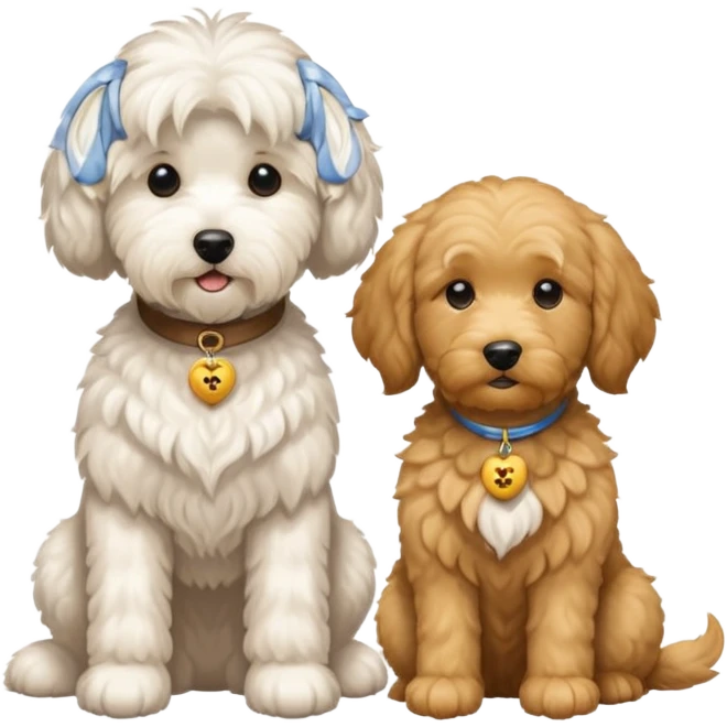 A small white Maltese and a big goldendoodle sitting beside each other  emoji