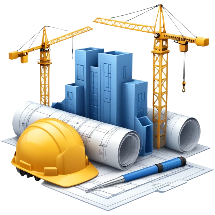 An icon featuring a blueprint, a hard hat, and a measuring tape, symbolizing architecture and construction. The design includes a building silhouette, cranes, and construction tools, representing the planning, design, and building processes. Transparent background. emoji