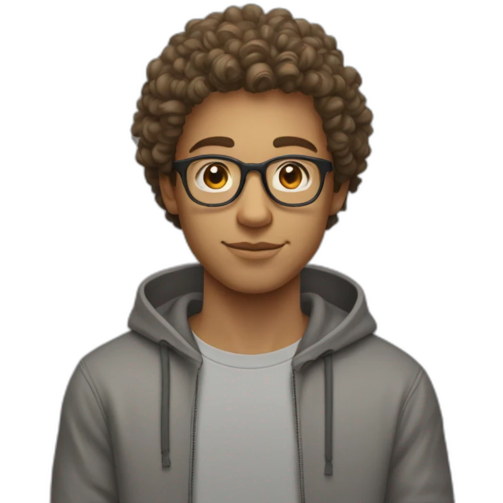 Young guy with curly hair on top a short hair on the side light brown hair and rounded glasses with a grey hoodie on emoji