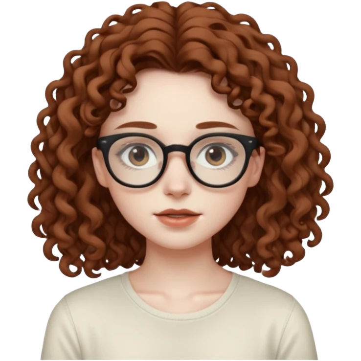 aesthetic white girl with COOL coloured brown, very long curly hair, she wears an offwhite top and her eyes are black , and wears thin small glasses emoji