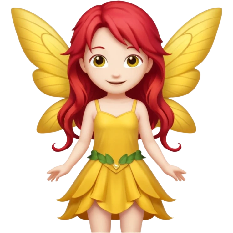 fairy with long red hair, yellow wings, yellow dress, happy, chibi full body emoji