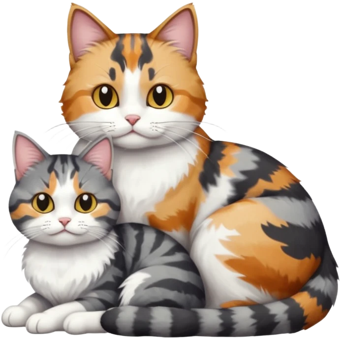 full body colourful light patched calico + white tabby cat cuddling a bigger cat that is dark grey and white tabby cat  emoji