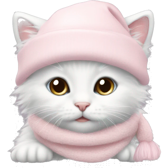 fluffy white winter kitten with pale pink christmas hat and pale pink scarf emoji