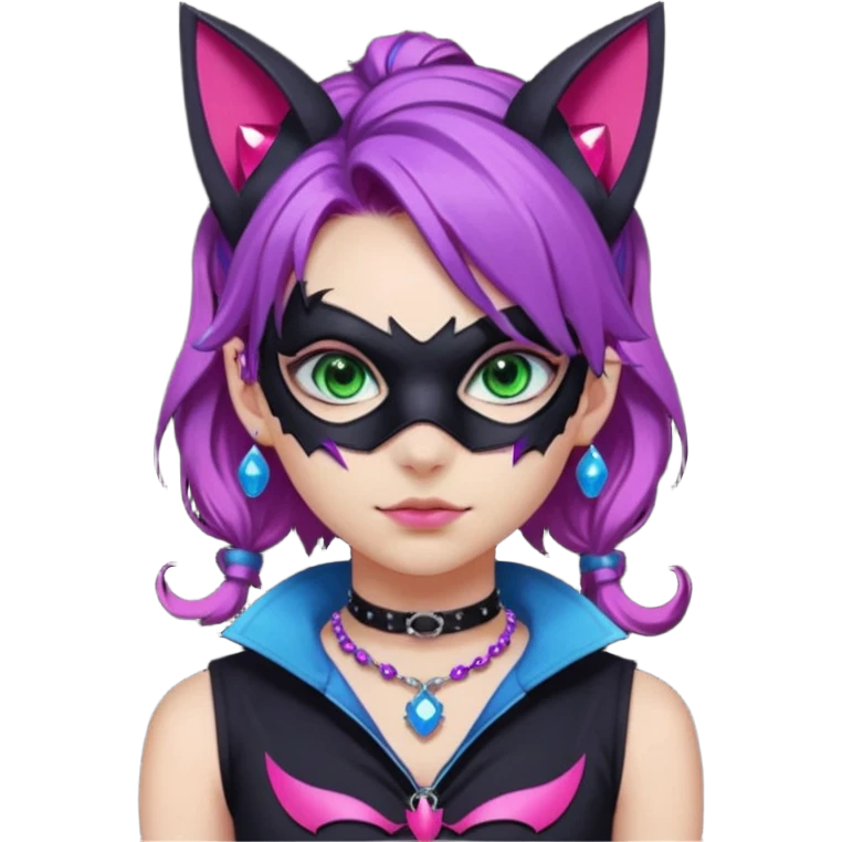 Girl with green eyes, wearing a bat mask with pink stones around her eyes, her hair tied in a ponytail, the hair is purple with blue and pink streaks, with black cat ears with pink stones around, wearing a black shirt that covers the neck, and a sleeveless blue jacket, and a necklace of pink stones emoji
