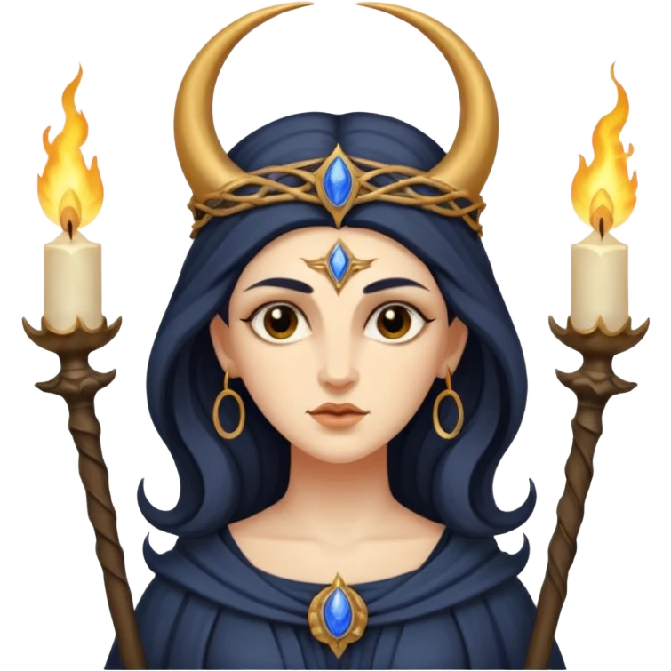 The goddess Hecate with 3 heads holding two torches the front head with a crescent moon on forehead emoji