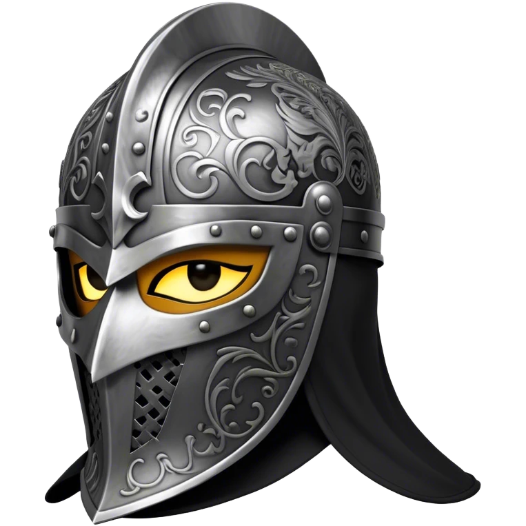 A masked knight with intricate black engravings on his steel helmet, eyes glowing with fury emoji