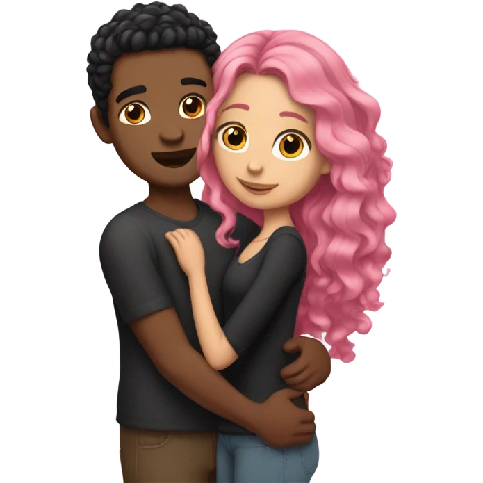 make a guy and a girl, they are hugging, the girl has pink long wavy hair. The guy has black hair and light skin emoji