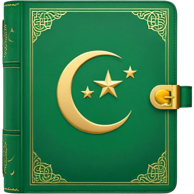 Closed Quran with the Islamic Symbol on it (moon and star) green from left to right emoji