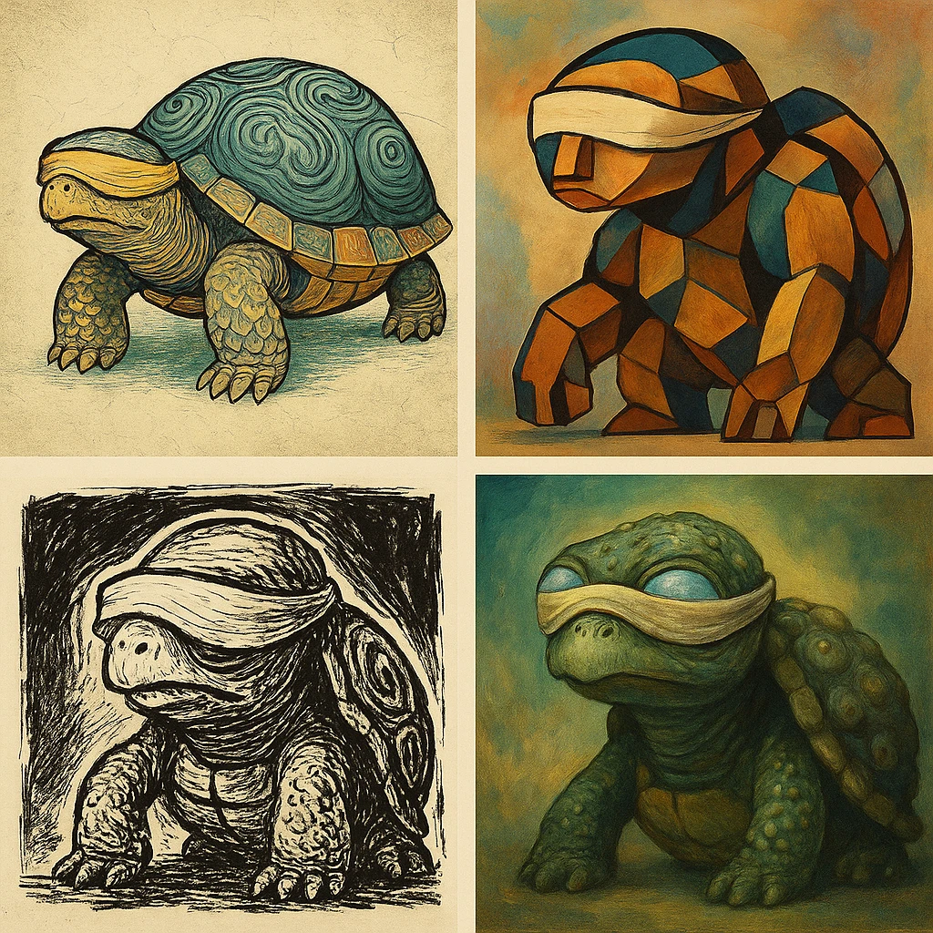 blind turtle, various artistic styles, creative and unique visual interpretations emoji