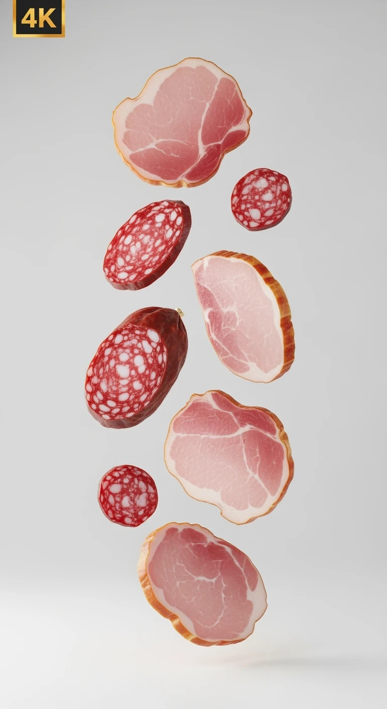 fettine di prosciutto cotto e di salame fluttuano in aria verticalmente, IPERREALISTICA 4K emoji