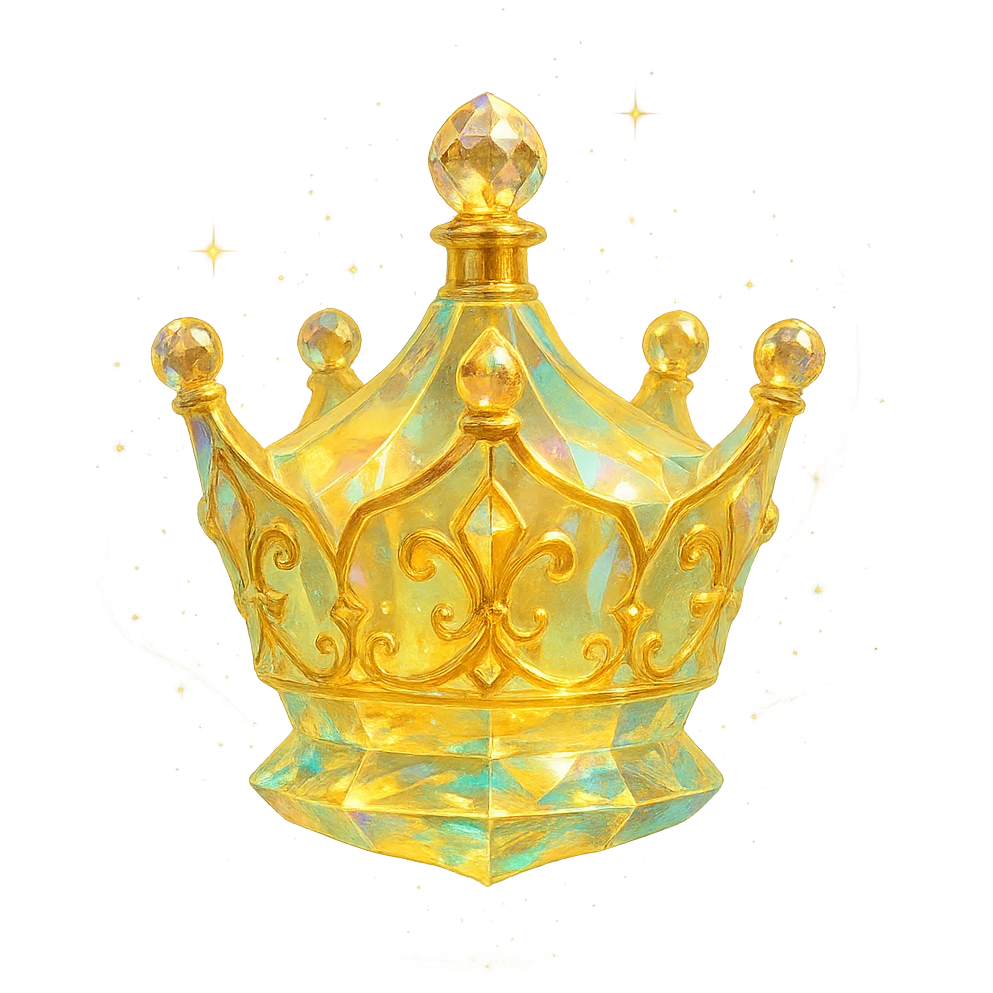 premium class crystal elixir bottle in the shape of a crown, pastel gradient of yellow, orange, and green colors, lots of glowing effects, facets, ornaments, golden details, magical effects, very small golden neck, transparent background, beautiful merging base, clearly floating in the air, no base or shadow, very luxurious, interesting design fitting a collection emoji