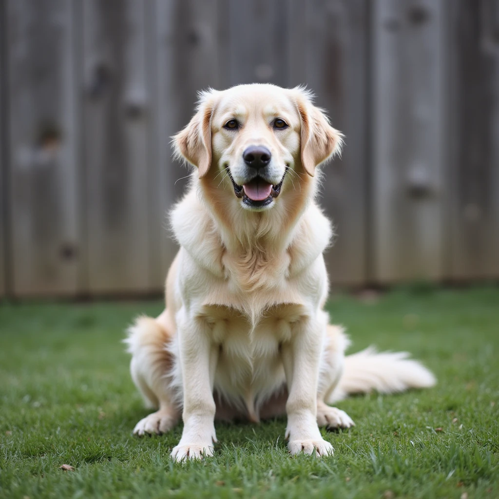 adult english cream golden retriever sitting on grass, facing camera, fence in the background emoji