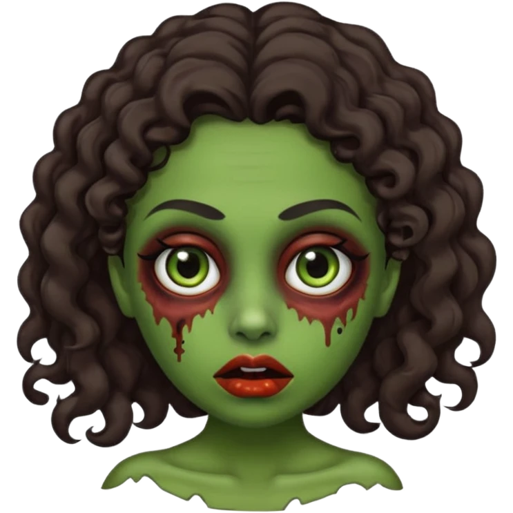 Create a zombie emoji inspired by a young woman with tanned skin, an oval face, large dark eyes, defined eyebrows, a small nose, and medium lips. Her hair should be long, curly, and dark brown. make a green skin like a zumbie original emoji emoji