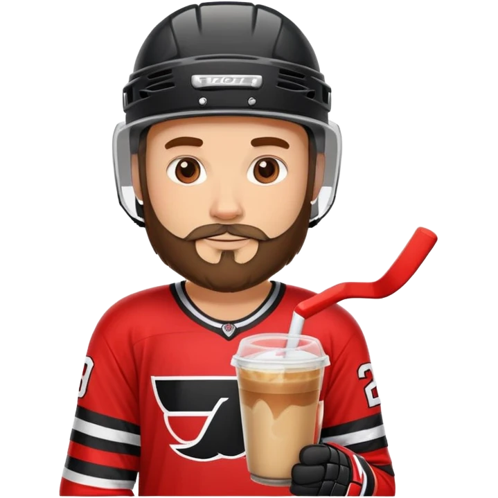 hockey player with a beard with iced coffee in red and black jersey wearing a hockey helmet  emoji