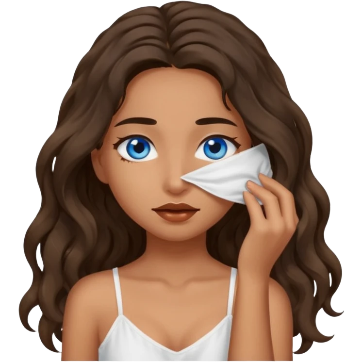 Girl with olive skin, blue eyes, brown dark insanely wavy long hair, white camisole, covering eyea emoji