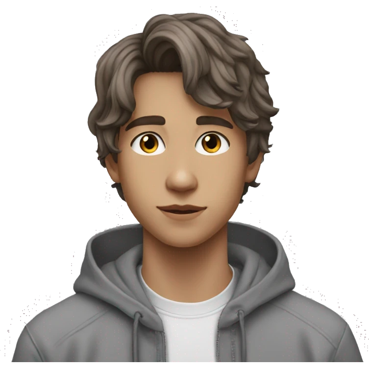 teen boy, chestnut long hair to the back, circle silver earring, grey sweat emoji