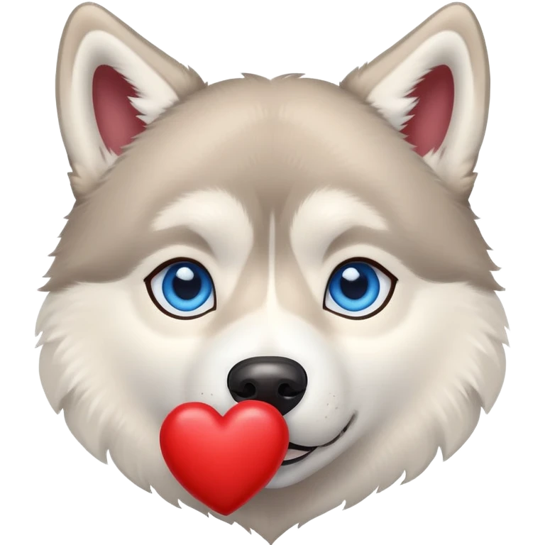 Beige husky with blue eyes holding a big heart emoji